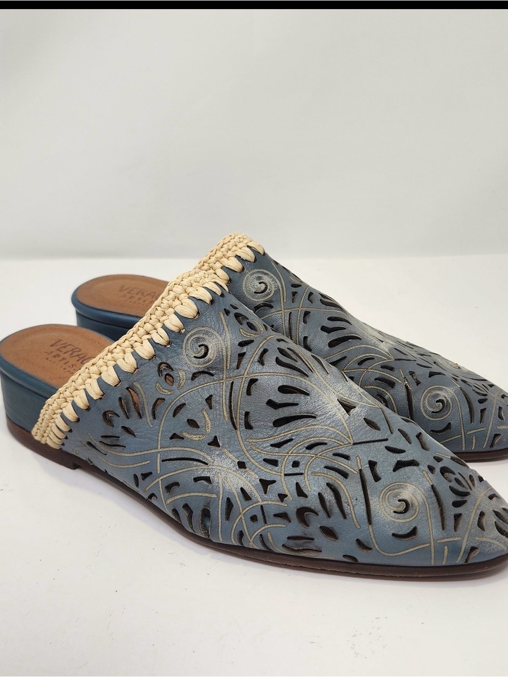Leather Cutout Slip-On Mules with Crochet Trim in Blue